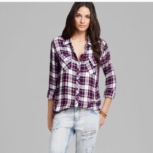 Rails Hunter‎ Plaid Button Down Shirt Navy Red White Check Rayon Womens XS